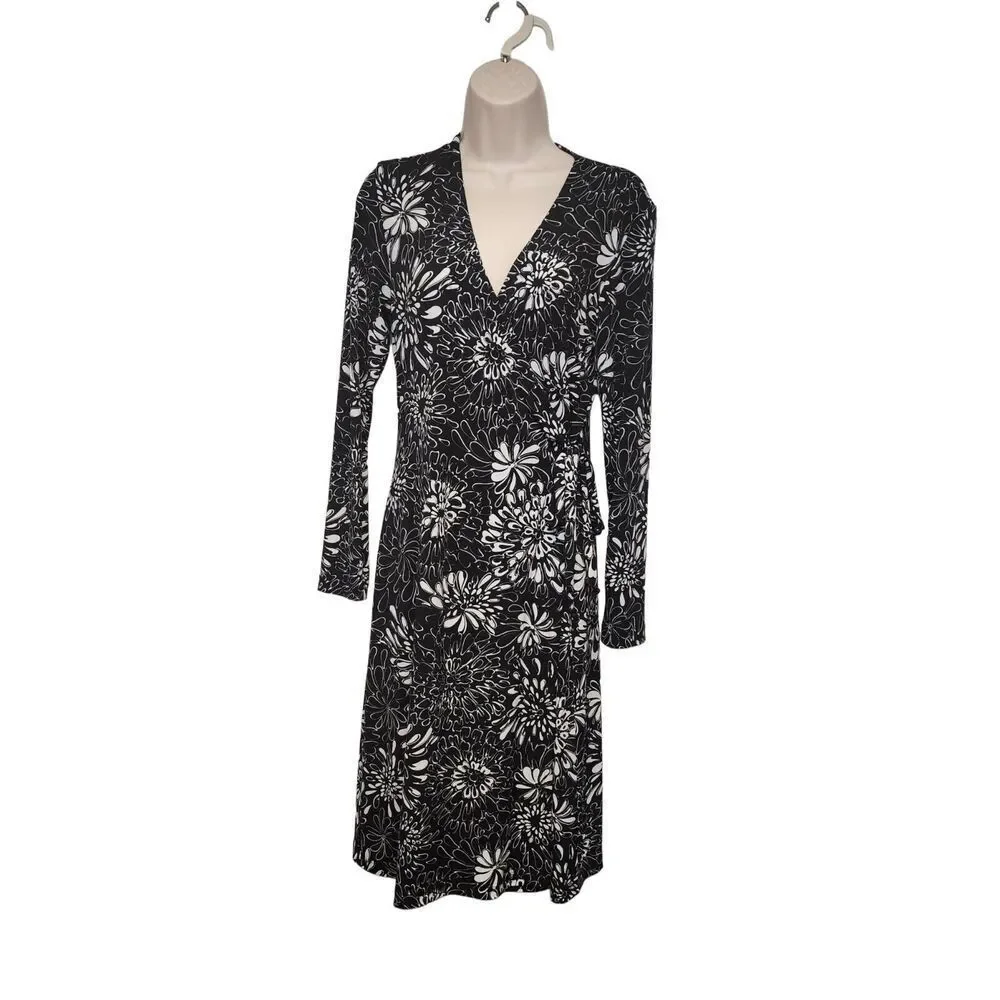 Chico's Floral Wrap Midi Dress Size 0/ US Small Black & White